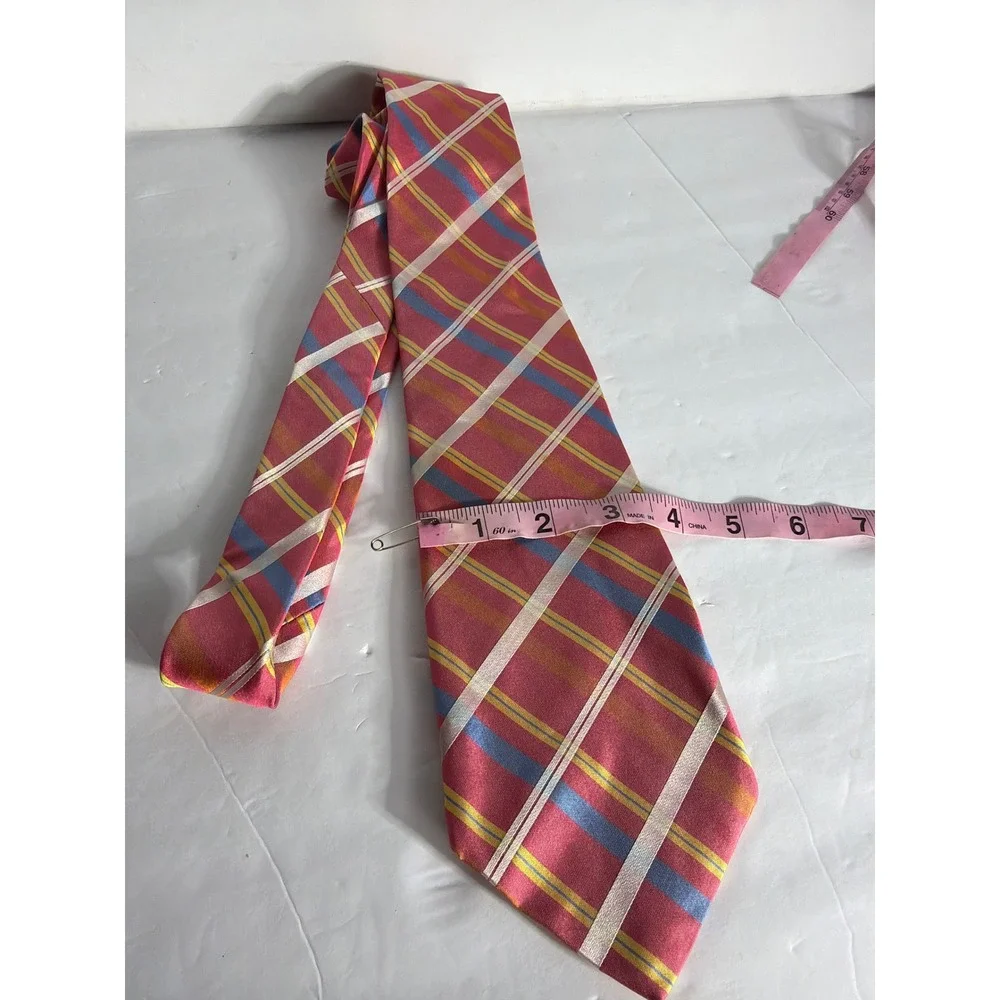 Robert Talbott Mens Red Plaid Silk Necktie Hand Sewn USA Blue Yellow Striped Tie